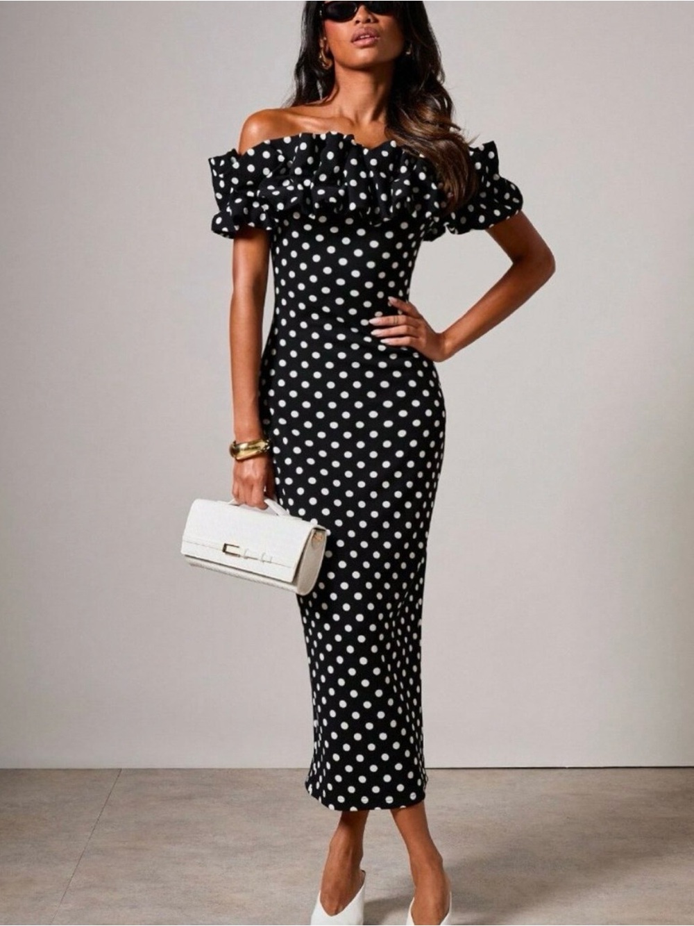 Elegant Women's Polka Dot Print Ruffle Off Shoulder Fitted Mid-Length Dress